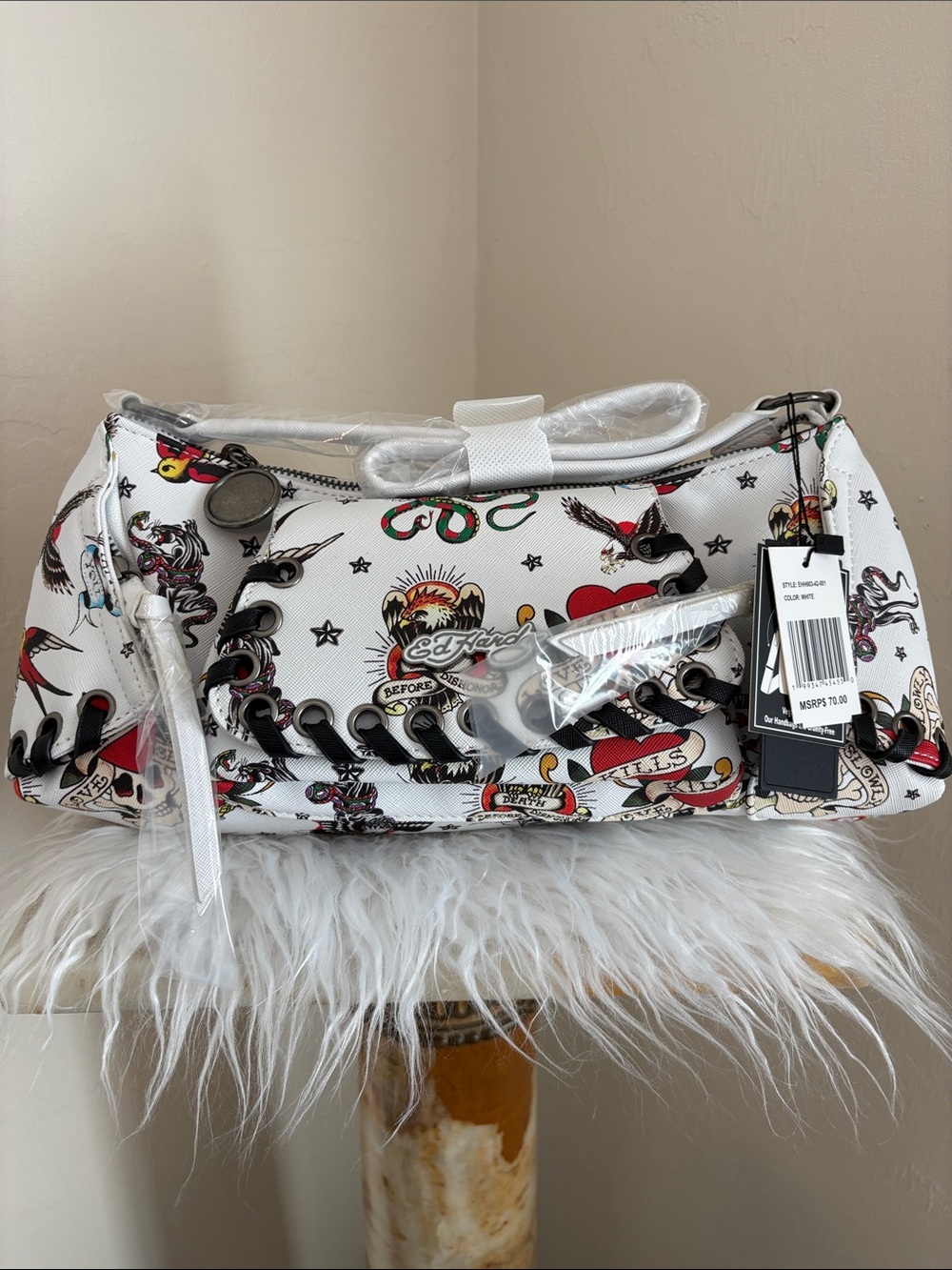NWT Ed Hardy Tattoo Print Hobo Bag Shoulder Strap White Y2K Vegan Leather.